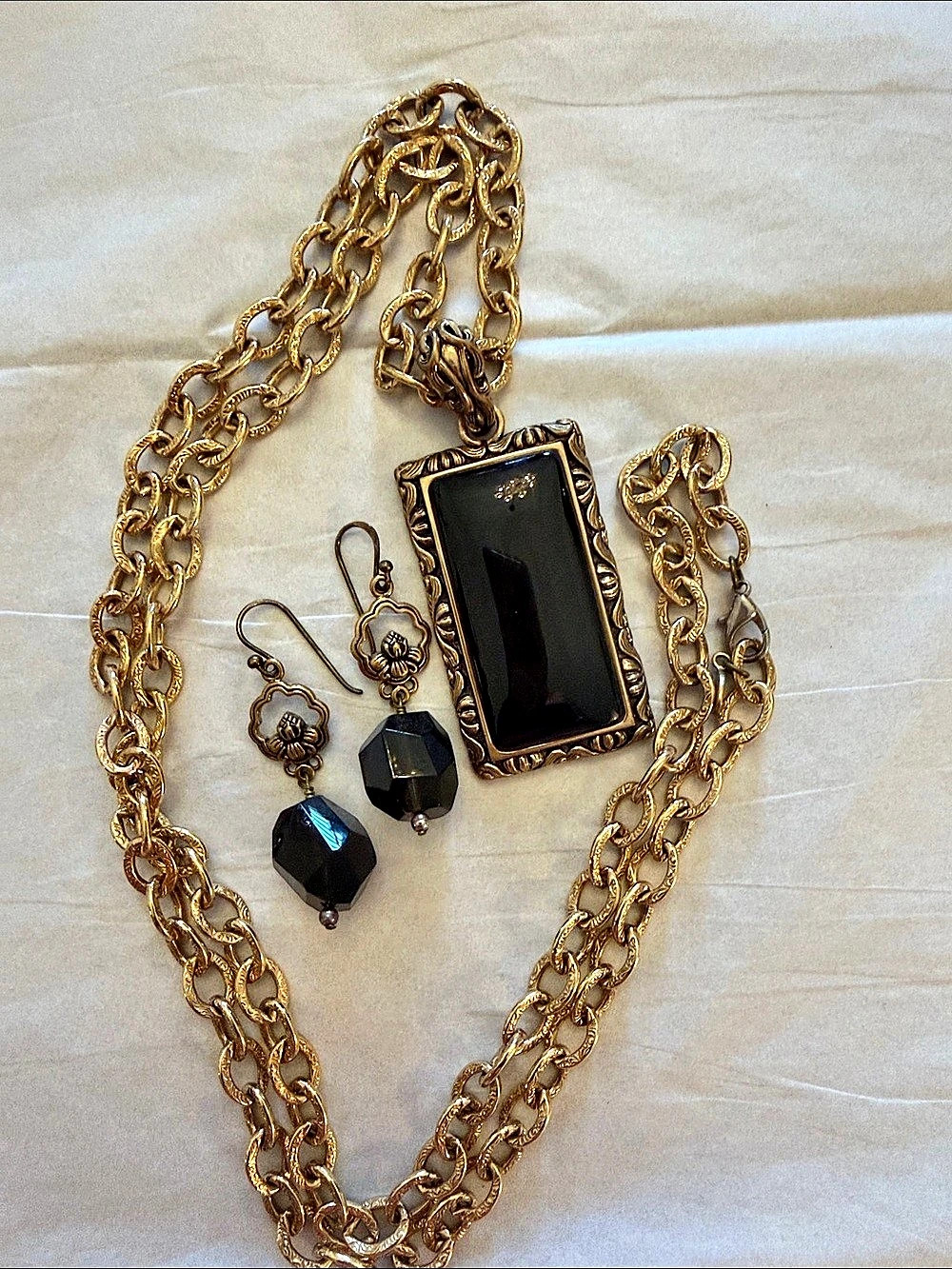 Barse Statement Pendant Necklace in Gold & Black with Matching Earrings